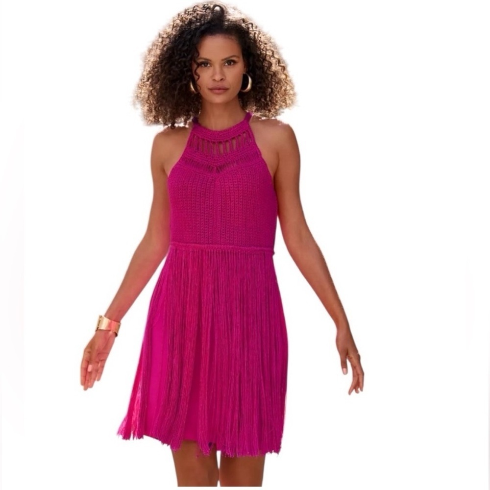 NEW Boston Proper crochet halter fringe dress in blossom bohemian fun flirty XS